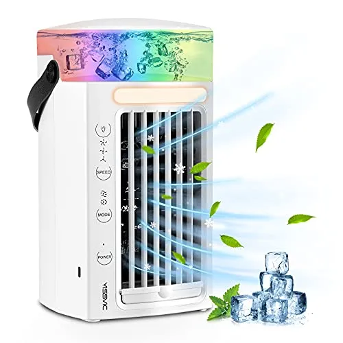 YISSVIC Condizionatore Portatile Climatizzatore Portatile 4 in 1 Air Cooler Umidificatore Purificatore con 7 Colori e 3 velocità per scrivania casa e ufficio