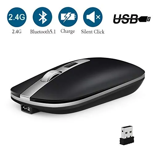 GeekerChip Mouse Wireless,Mouse Bluetooth,Mouse Senza Fili Silenzioso e Ricaricabile a due Modalità (Bluetooth 5.1 + 2.4G Wireless),3 Livelli DPI Regolabili 800/1200/1600 per PC(Nero)