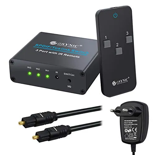 ESYNiC 3X1 Switch Toslink SPDIF con IR Telecomando Switcher Commutatore Audio Digitale Ottico 3 Ingressi 1 Uscita con Alimentatore e Cavo Ottico - Supporta Dolby AC3 LPCM PCM 2.0 DTS 5.1