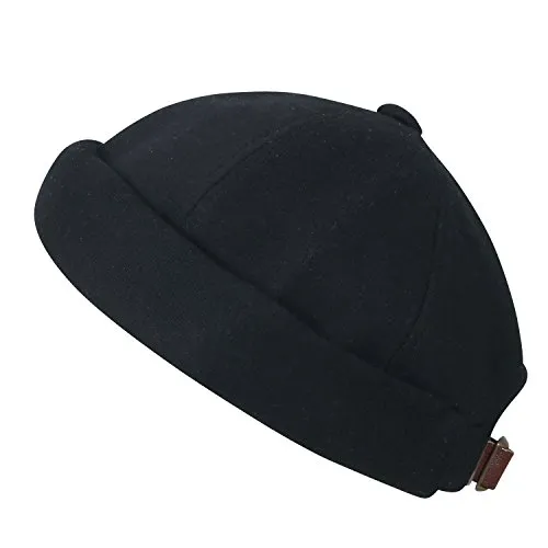 ililily Solid Color Cotton Short Beanie Strap Back Casual Hat Soft cap, Black