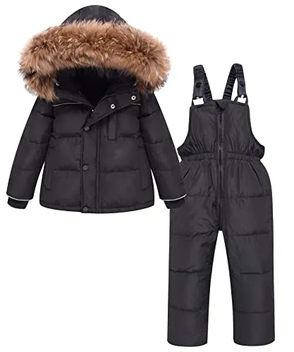 Zoerea Tuta da Sci per Bambino Unisex Set Tute Completo da Neve 2 Pezzi Snowsuit Caldo Invernale Giacca Cappotto con Cappuccio (Stile 2 Nero, 100)