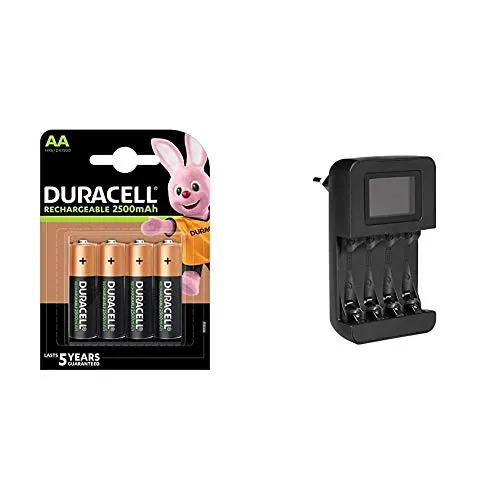 Duracell Rechargeable AA 2500 mAh Prericaricate, Batterie Stilo Ricaricabili 2500 mAh, Confezione da 4 & Amazon Basics - Caricabatteria digitale intelligente, per 4 batterie AA, AAA