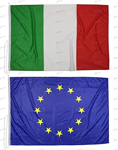 Kit 2 bandiere 150x100 cm (ITA/EU) in tessuto nautico da 115g/m², bandiere Italia e Europa 150x100 cm con cordino, doppia cucitura perimetrale e fettuccia di rinforzo