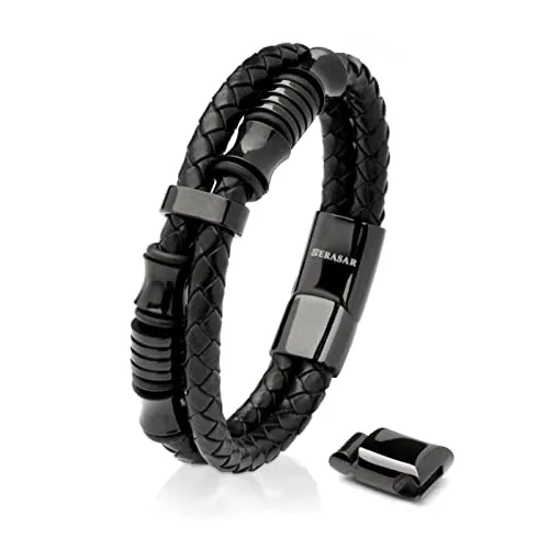 SERASAR Bracciale Uomo Acciaio Nero 20cm Braccialetto Uomo Pelle Cuoio Regolabile Magnetico Inox Bracciali Braccialetti Bigiotteria Cinturino Braciale Bambino Bracelet Corda Braciale Nere Accessori