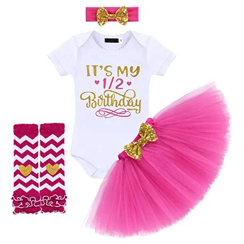 Edjude Completini Vestito Bimba Primo Compleanno Battesimo Tutine Tutu Gonna in Tulle Fascia di Bowknot Ghette Rosa 6 Mesi