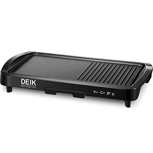 Piastra Elettrica, DEIK 2 in 1 Barbecue Elettrico, Griglia Elettrica da Tavolo anti aderente no Fumo con Termostato e Vaschetta Raccoglitrice, per esterno e interno, 1800W, 43 x 23 cm