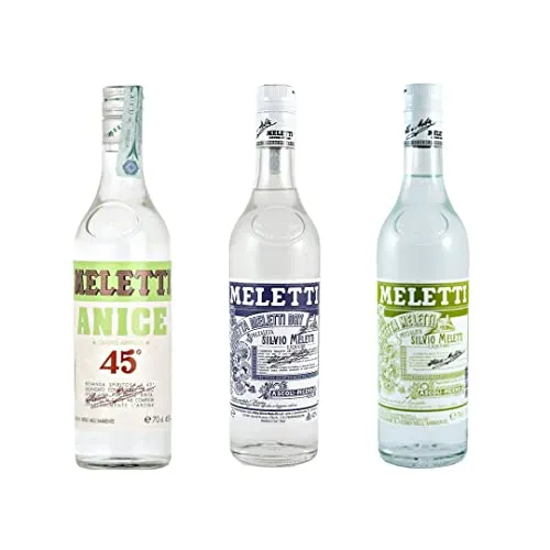 Meletti liquori in offerta 3 bottiglie da 0,70 l - Anice 45 Meletti, Meletti Dry, Anisetta Meletti.