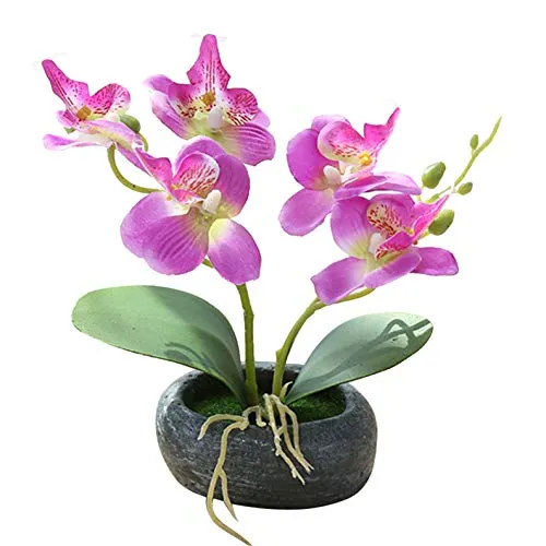 Flikool 2 Steli Orchidea Artificiali in Vaso Phalaenopsis Fiori Artificiale in Seta Finta Orchidee Bonsai Piante Artificiali per Balcone Casa Ufficio Tavolo Decorazione - Viola