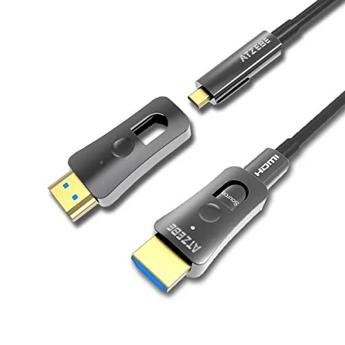 ATZEBE Cavo HDMI Fibra Ottica - 50m, Cavo HDMI 4k Supporta 4K@60Hz HDR 4: 4: 4 8bit, 18Gbps, 3D, ARC, HEC, CEC, HDCP 2.2 con connettori Dual Micro HDMI e Standard HDMI Connectors
