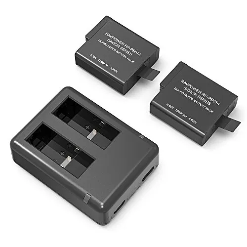 RAVPower Compatibile con GoPro HERO5/6/7, Kit Batterie di Ricambio per Fotocamera 2 Pezzi Caricatore Doppio con Ingressi Micro USB e Type-C, 1260mAh