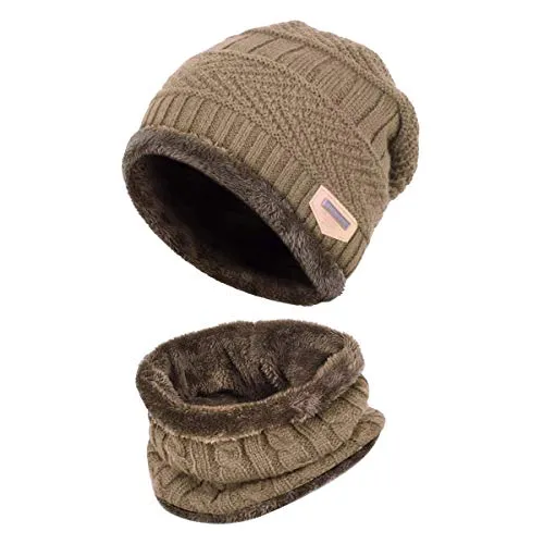 HIDARLING Invernale Berretti in Maglia con Sciarpa Invernale Beanie Set Cappello in lana sintetica calda per uomo/donna (Caffè leggero)