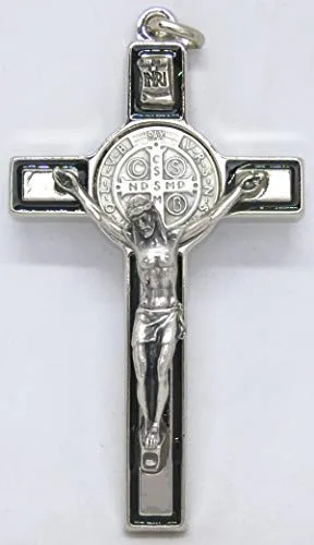 GTBITALY 10.026.11 Croce di San Benedetto Misura 8 cm con Riga Nera smaltato a Mano Argento esorcismo esorcista