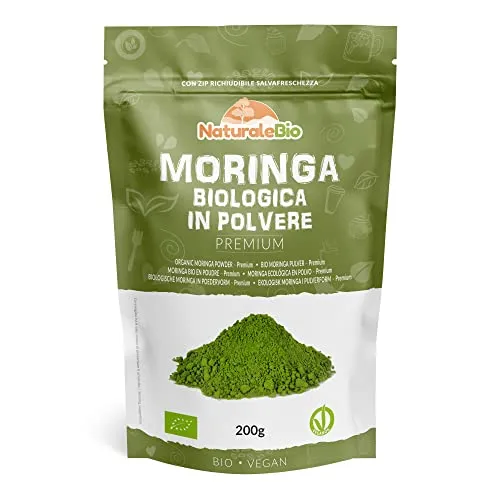 Moringa Oleifera Bio in Polvere - Qualità Premium - 200g. Biologica, Naturale e Pura. Foglie Raccolte dalla Pianta di Moringa Oleifera. NaturaleBio