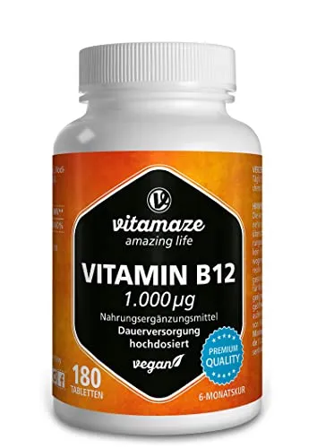 Vitamaze® Vitamina B12 1000 mcg Alto Dosaggio Metilcobalamina Pura, 180 Compresse Vegan Fornitura 6 mesi per l'ingestione Orale, Qualità Tedesca, Naturale Integratore senza Additivi non Necessari…