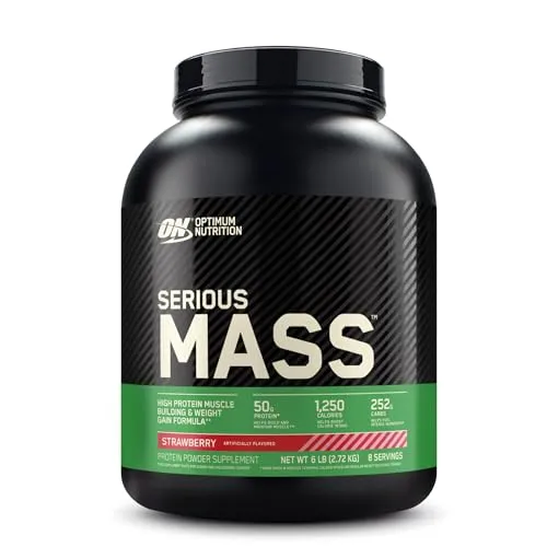 Optimum Nutrition Serious Mass Proteine in Polvere ad Alto Contenuto Calorico per Aumentare il Peso, con 25 Vitamine e Minerali, Creatina Monoidrato e Glutammina, Gusto Fragola, 8 Dosi, 2,73 kg