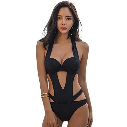 LATH.PIN Costume da Bagno Donna Intero Nero Bikini Sexy Mare Scollo a V Push Up Imbottiti per Spiaggia Mare Estate Vacanza Party