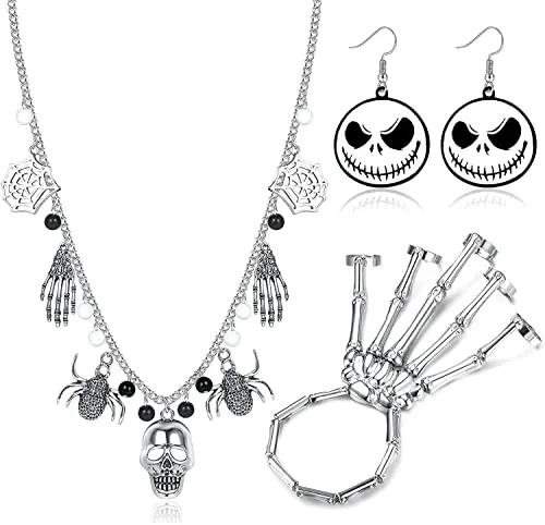 ORAZIO Set 3 Pezzi di Gioielli di Halloween per Donne Collana con Ciondolo Zucca con Teschio Fantasma di Orecchini a Goccia di Zucca Bracciali di Halloween Mani di Scheletro Elastiche per Donna Uomo