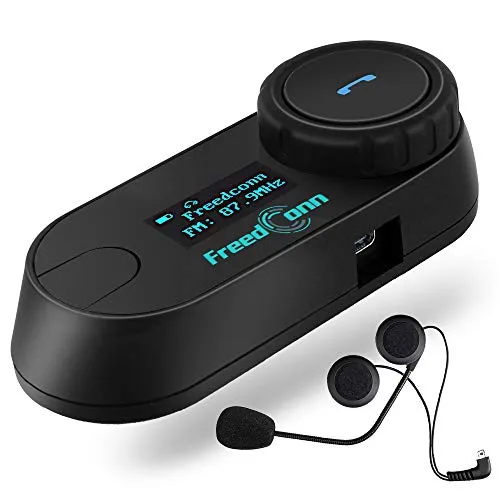 FreedConn TCOM-SC Auricolare Bluetooth per Casco Moto per moto fino a 2-3 riders, Moto Interfono per Walkie Talkie GPS mani libere FM Radio (cavo rigido/confezione da 1)