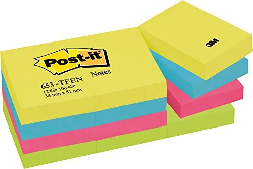 Post-it Foglietti Adesivi Colorati, Set di 12 Blocchetti Post it Notes Riposizionabili per Memo, Note e Appunti, Blocchetti Memo Adesivi Formato 38x51 mm, Colori Assortiti Giallo, Rosa, Azzurro, Verde