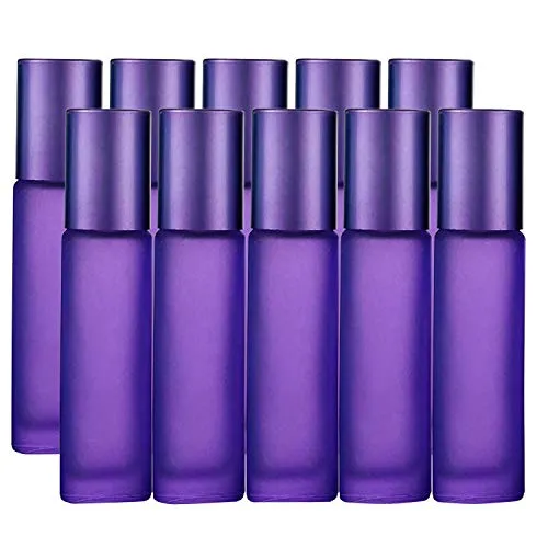 JamHooDirect, 10 flaconi di oli essenziali da 10 ml, vuoti, ricaricabili, in vetro smerigliato, con 1 apribottiglie e 1 contagocce, perfette per aromaterapia, profumo, colore viola