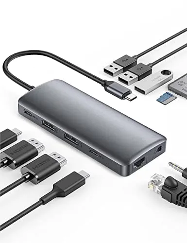 Hub USB C Ethernet-11 in 1 Adattatore USB C con doppio HDMI 4K, 4 porte USB, Ricarica PD da 100 W, Ethernet RJ45, Lettore di schede SD/TF,Jack audio da 3,5 mm per MacBook/Pro/Air/iPad Pro/Computer