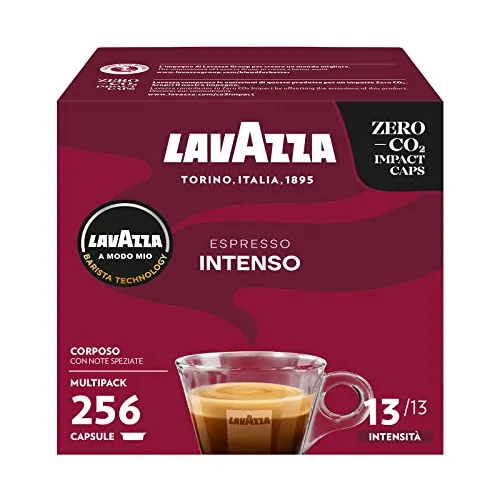 Lavazza A Modo Mio Espresso Intenso, 256 Capsule Caffè, per un Espresso con Note Aromatiche di Cacao e Spezie, Arabica e Robusta, Intensità 13/13, Tostatura Media, 16 Confezioni da 16 Capsule