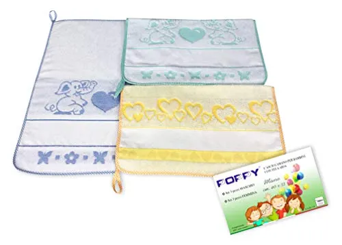 SET 3 ASCIUGAMANI ASILO bambino POPPY © cm. 40x55 puro cotone MASCHIO con tela AIDA da ricamare