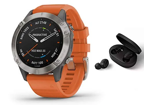 Garmin Fenix 6 Pro Saphir/Sapphire Titanium - Orologio GPS multisport, grigio/titanio / arancione con auricolare Bluetooth