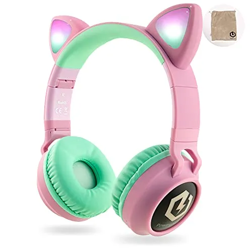PowerLocus Cuffie Bluetooth per Bambini, Senza-Fili Cuffie Over-Ear, Limitatore audio a 85 dB, con orecchie LED, Pieghevole, Con Microfono, Micro SD, Sacchetto da Trasporto per Viaggio/Telefono/PC