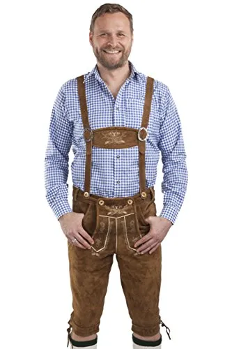 Schöneberger Trachten Collare al Ginocchio Lederhosen Uomo - Pantaloni in Pelle Trachten Hop e Marrone Malto - Hopfen & Malz (48, Marrone Chiaro)