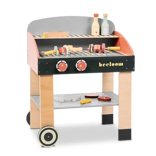 Beeloom - Cucina per bambini in legno naturale con accessori, BABYCUE, cucina giocattolo portatile per bambini, barbecue dal design minimalista, gioco simbolico