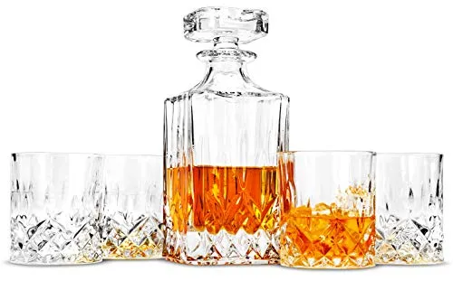 LANFULA 5 Pezzi Bottiglia e Bicchieri Whisky Cristallo, 750 ml Decanter con 4 x 300 ml Bicchieri Whiskey, Perfetto per Gli Amanti Del Whisky