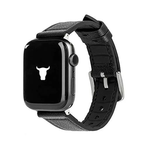 TORRO Cinturino Sportivo di Orologio in Vera Pelle Compatibile con Apple Watch con Connettore e Fibbia in Argento Spazzolato (Silicone Nero con Pelle Nero per Apple Watch 42mm / 44mm / 45mm)