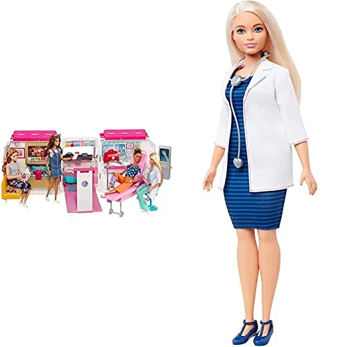 Barbie Ambulanza Trasformabile In Clinica Mobile Con 3 Stanze E Accessori, Giocattolo Per Bambini 3+ Anni & Carriere Bambola Con Stetoscopio E Capelli Biondi, Giocattolo Per Bambini 3+ Anni, Fxp00