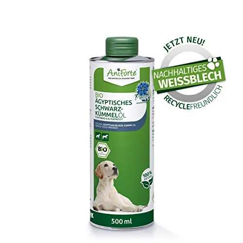 AniForte Olio di cumino nero biologico egiziano per cani e cavalli 500ml - Spremuto a freddo, olio di cumino nero naturale al 100%, additivo per il vomito, imballaggio riciclabile senza BPA