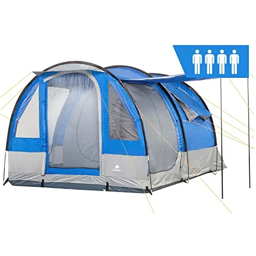 CampFeuer Tenda da Campeggio Smart per 4 Persone | Tenda familiare Grande con 3 entrate e 2.000 mm di Colonna d'Acqua | Tenda a Tunnel | Tenda per Gruppi (Blu/Grigio)