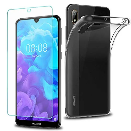Wanxideng - Cover Huawei Y5 2019 + Pellicola Protettiva in Vetro Temperato, Custodia Morbida Trasparente Sottile in Silicone TPU - Transparent