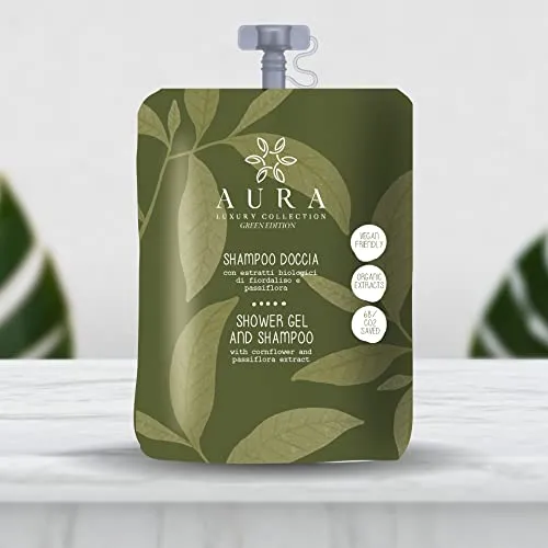 Aura Luxury Collection ® Green Edition Kit cortesia bagno per hotel e b&b 50 bustine stand-up richiudibile con tappo 30 ml shampoo doccia delicato con estratti biologici di fiordaliso e passiflora