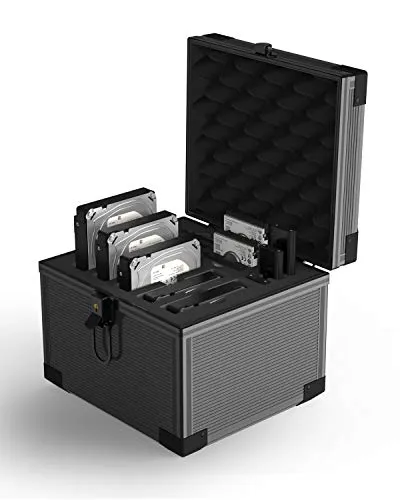 Yottamaster, valigia in alluminio per hard disk HDD/SDS, custodia protettiva per hard disk con schiuma resistente agli urti per 5 dischi rigidi da 3,5 pollici e 6 dischi rigidi da 2,5" e 3 SSD M.2