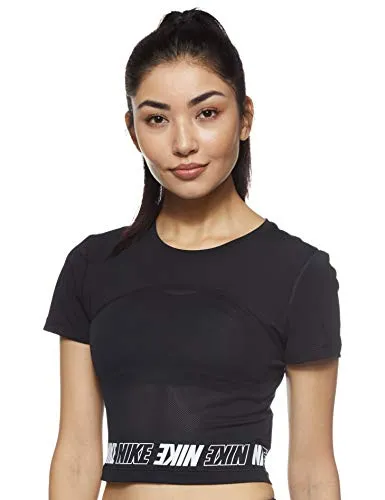 Nike PRO, Sport Shirt Donna, Nero Black/White 010), Large
