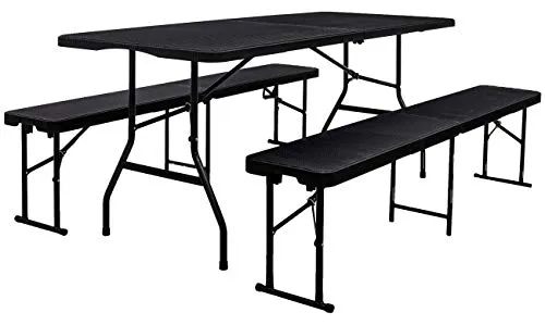 AMANKA - Set Tavolo da Pranzo con 2 panchine, Pieghevole, Effetto Rattan, per 8 Persone, 180 cm