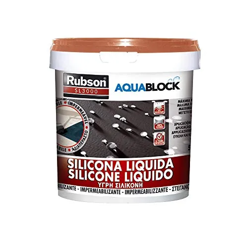 Rubson Aquablock Silicone Liquido SL3000, Facile e Sicuro da Usare, per Impermeabilizzazione e Riparazione di Tetti e Coperture Piani e Inclinati, Guaine, Fioriere, Terracotta, Secchio 5kg