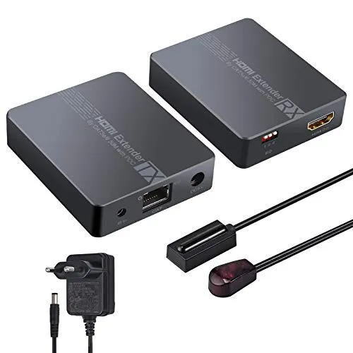 LiNKFOR 50M HDMI Extender 1080P 2 Porta HDMI Splitter Loop HDMI Ethernet Extender Su Cavo di Rete Cat6 Cat7 Kit Estensore HDMI Include Trasmettitore e Ricevitore Supporta IR per 2 TV Fino a 164Ft