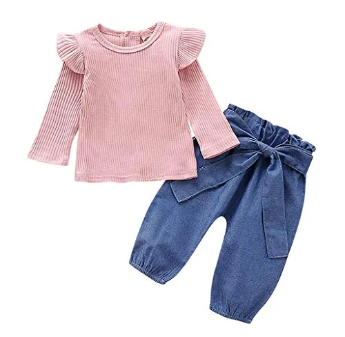 Jimmackey- Bambina Neonato T-Shirt Manica Lunga Volant Floreali Camicia Inverno Vestiti + Bowknot Pantaloni 2PCS Abiti Set