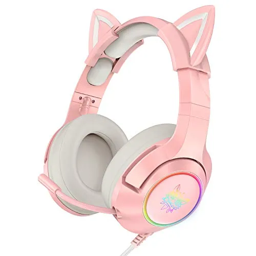 ONIKUMA Cuffie da gioco per PS5, PS4, Xbox One (senza adattatore), Nintendo Switch, PC, con orecchie di gatto staccabili, audio surround, luce LED RGB e microfono con cancellazione del rumore, Rosa