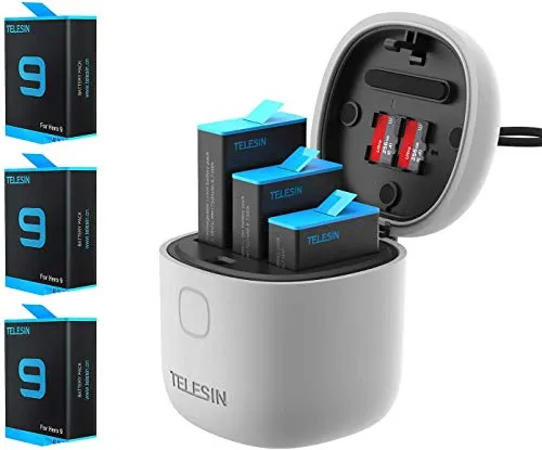 TELESIN allinbox Caricabatteria per Gopro,Kit di Multifunzione per Gopro,Caricatore USB a LED a 3 Canali,Ricarica+Lettore di Scheda SD,per Hero 9 Black (allinBox Caricabatteria+3 batterie)