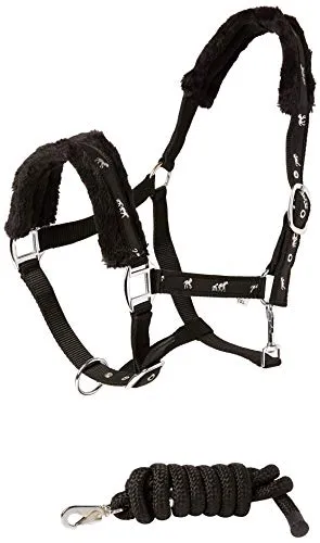 Cwell Equine Nuovo Cavallo Stampa Pelliccia Imbottito headcollars Halter + guinzaglio Abbinato Set Nero Completo/COB/Pony (COB)…