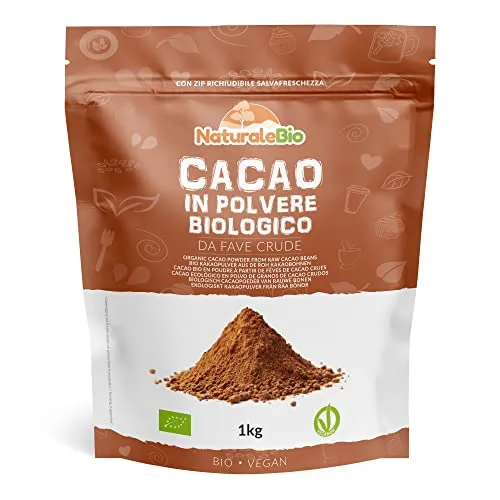 Cacao Biologico in Polvere 1 Kg. Bio, Naturale e Puro da Fave Crude. Prodotto in Perù dalla Pianta Theobroma Cacao. Lavorato a basse temperature. NaturaleBio