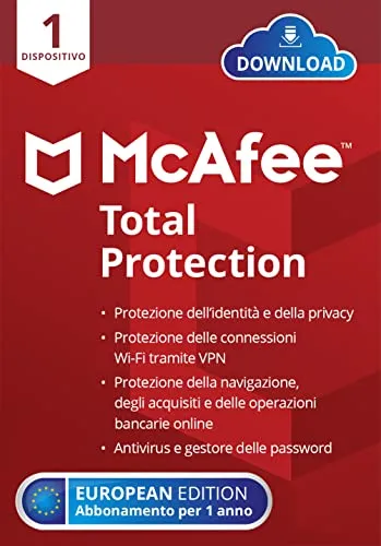 McAfee Total Protection 2022| 1 dispositivo | 1 anno| Software antivirus, sicurezza Internet, gestore delle password, VPN, protezione dell'identità| PC/Mac/Android/iOS | Download