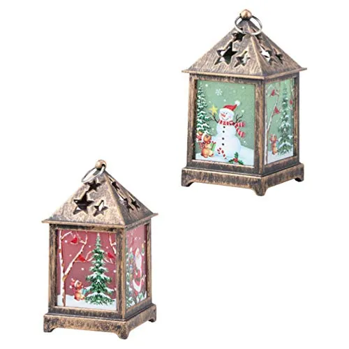 BESPORTBLE - 2 lanterne natalizie da tavolo, vintage, per esterni, decorative, disegni di albero di Natale e pupazzo di neve